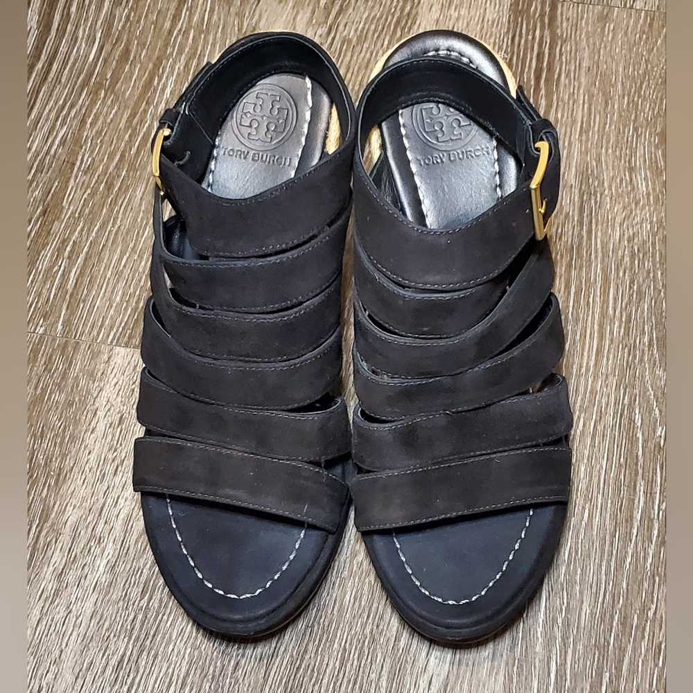 Tory Burch Espadrille Bailey Multi-Strap Wedge Black Sandal Black Size 7 M